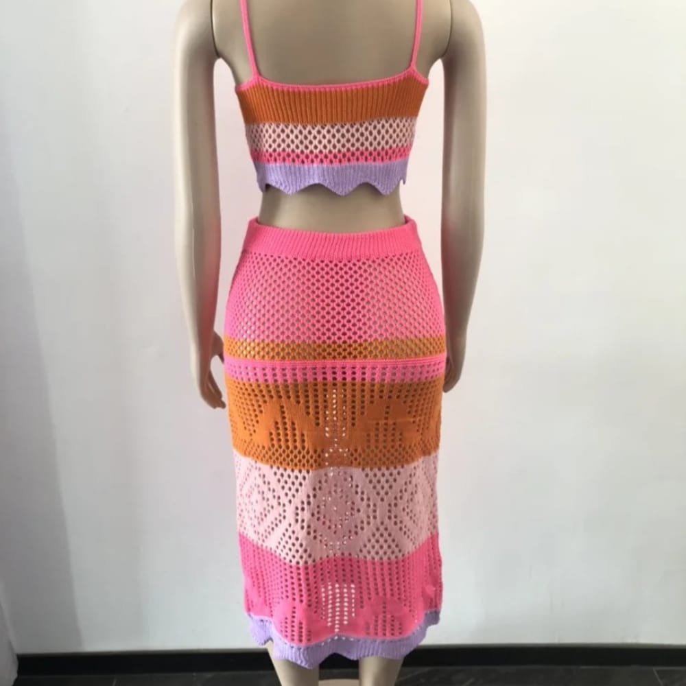 2024 Summer Beach Knit Rib 2 Piece Set Color Block Crop Top 